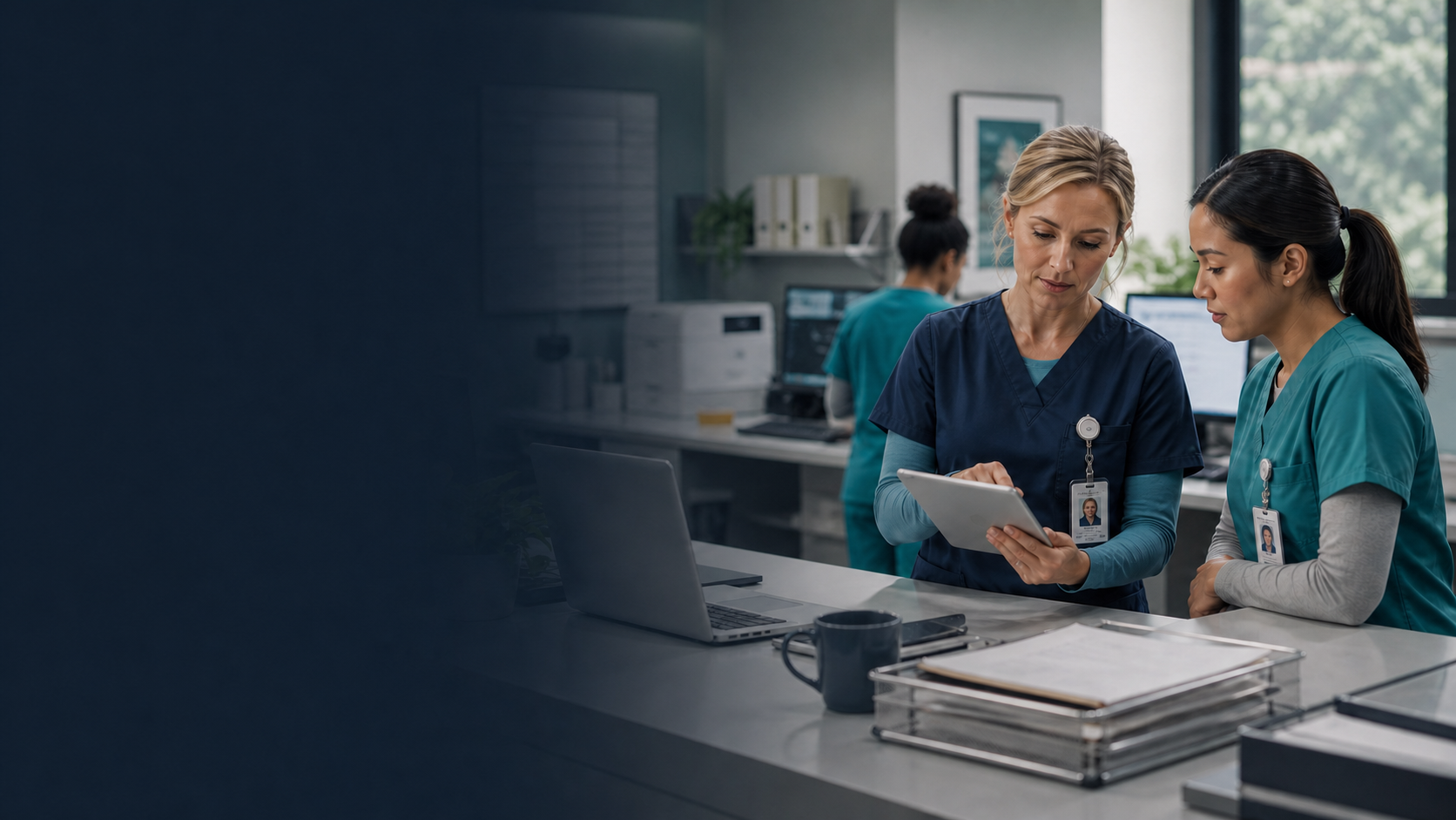 Healthcare staff reviewing a tablet in a clinic operations workspace